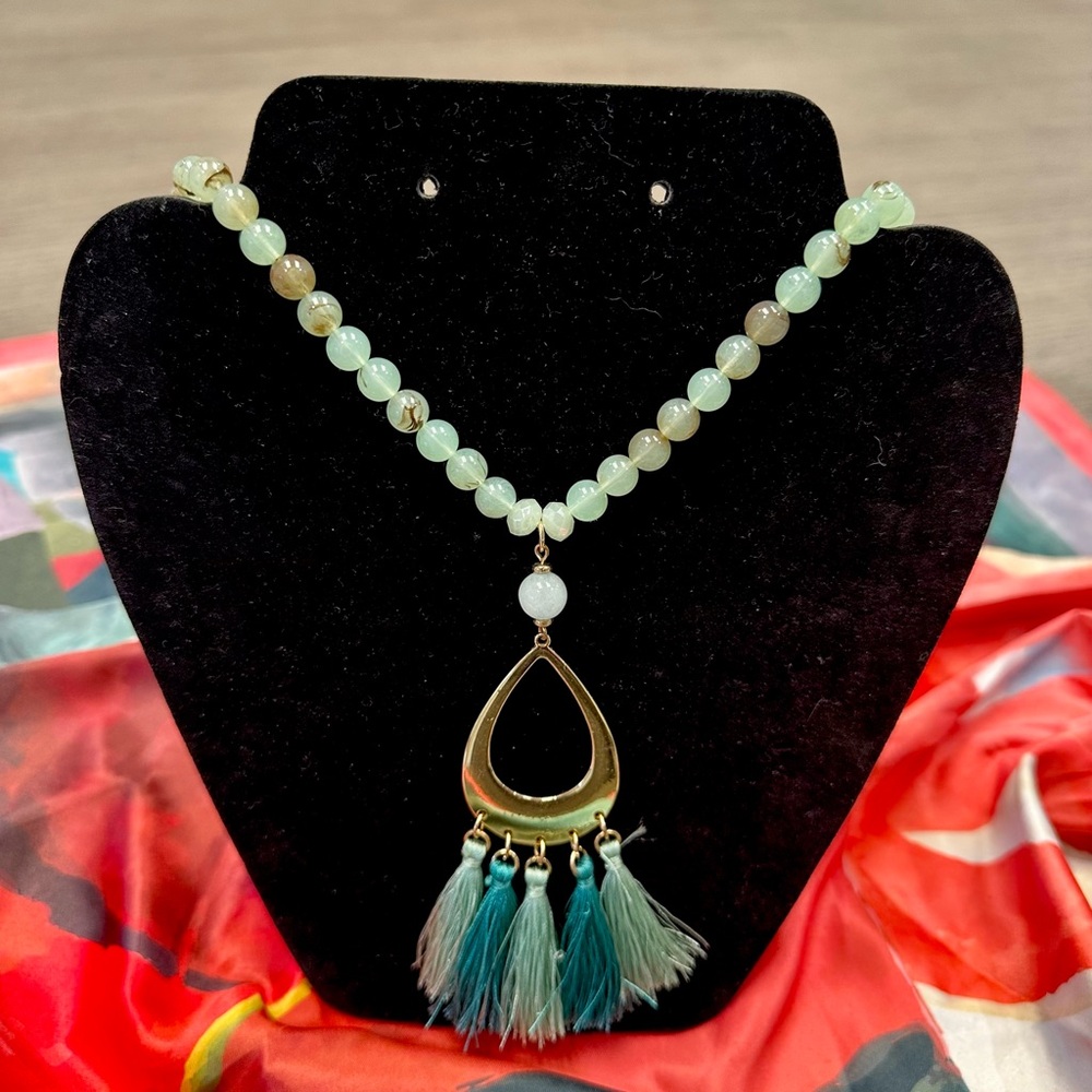 Beaded Teardrop Tassel Necklace in Pale Green - Unbranded